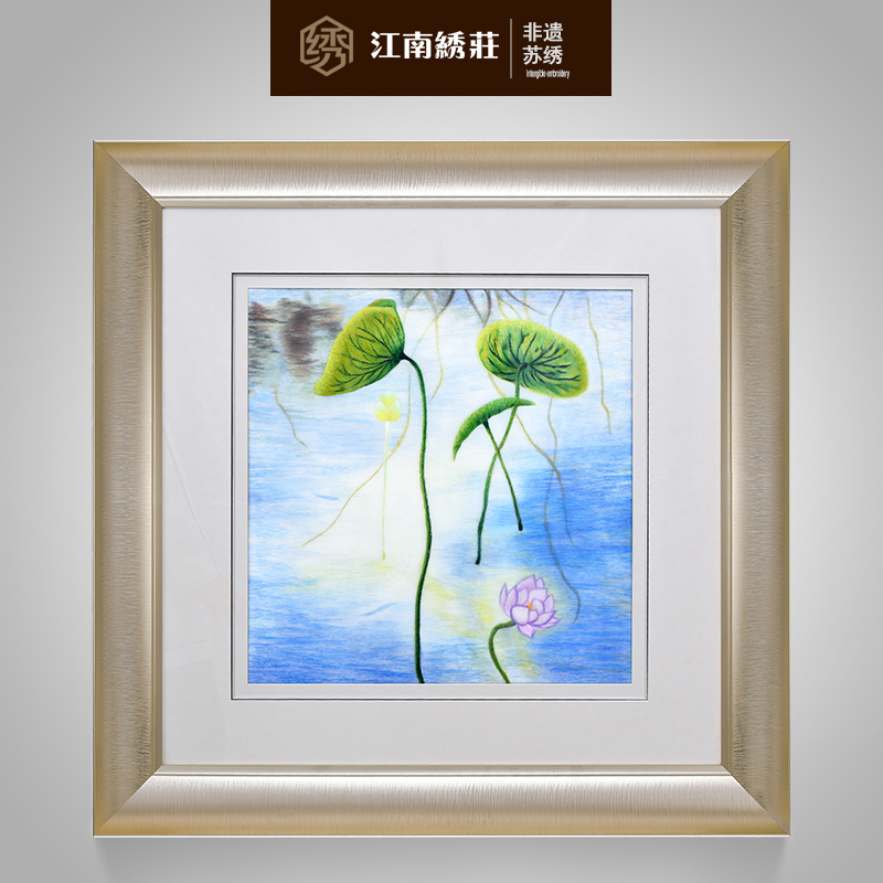 客厅沙发背景墙挂画荷花装饰画玄关壁画墙画手工刺绣苏绣成品