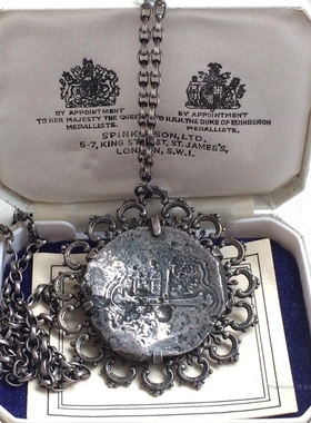 SOLD 1628S古董沉船银币8 Reales海盗王吊坠长银链附原盒证书收藏