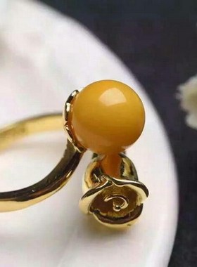天醉纯银玫瑰镶嵌琥珀戒指