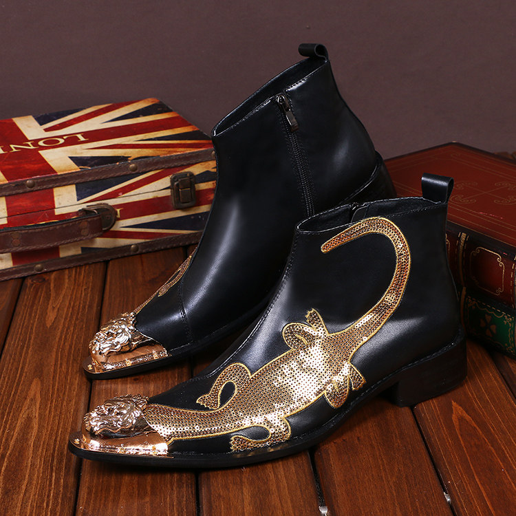 欧美霸气铁头绣花亮片男鞋男靴 舞台歌手美发师理发师魔术师短靴