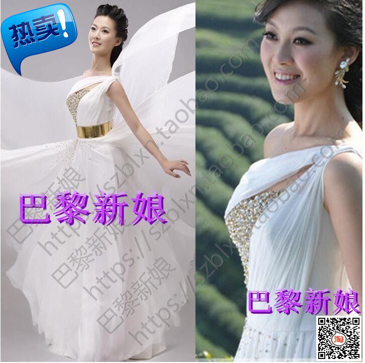 2026新款 白色斜单肩水钻 随身飘逸小A摆 音乐会歌唱比赛演出礼服