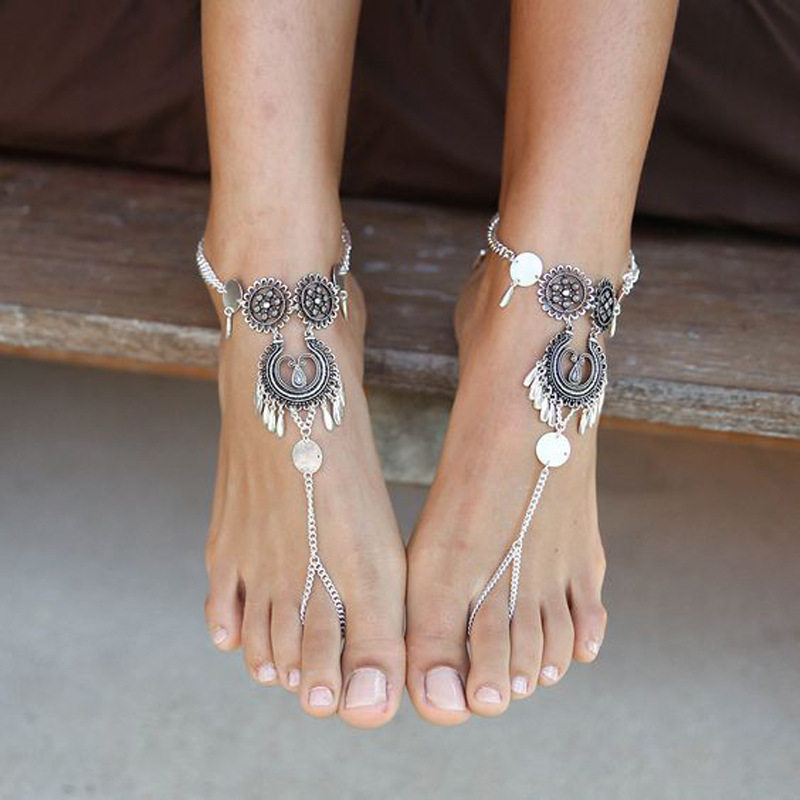 欧美时尚新品波西米亚风镂空金属雕花水滴脚链脚饰Foot ornaments