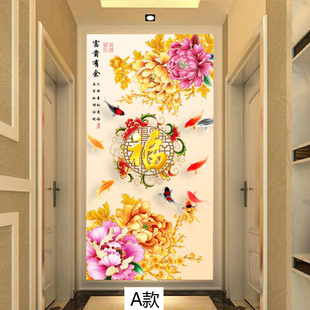 艺舍无缝壁画中式金色玄关壁画墙布牡丹花开富贵壁纸走廊过道墙画
