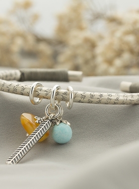 原创天然蜜蜡绿松石银饰礼物手镯