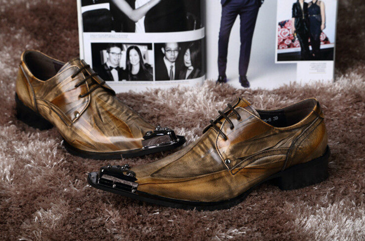 复古擦色真皮系带尖头铁头男鞋时尚真潮流舞台外贸欧美美发师皮鞋