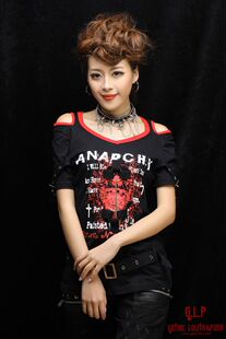 ╋魔叹╋ GLP 日系庞克摇滚乐园骷髅挂链露肩短袖T恤 两色 71280