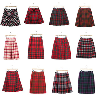 VINTAGE秋冬格子半身裙A字裙中裙女装 羊毛复古着英伦风红格子 冬款