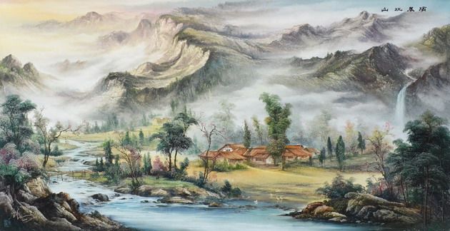 东北刀画风景纯手绘山水油画客厅装饰画挂画 办公室 壁画风水墙画