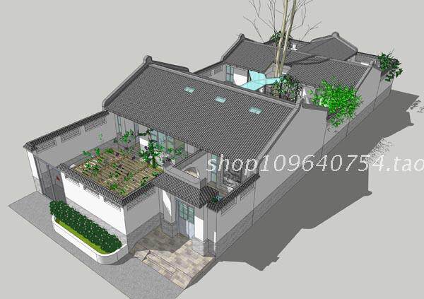 定制庭院古代四合院效果图 一层二进微派四合院建筑设计施工图纸