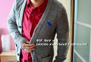 AF羊毛衫男装秋冬季针织开衫V领休闲毛衣美国老款经典贴布混纺纽