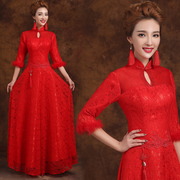 2015 new bride wedding dress long sleeve red fall and winter long toast costume improved MIDI retro-