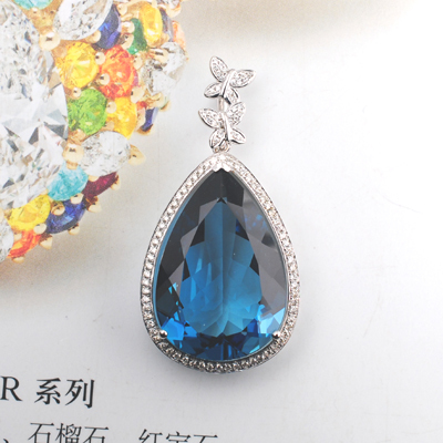 【顾客定制展示】18K金 24.97ct 水滴形 伦敦蓝 托帕石 钻石 吊坠
