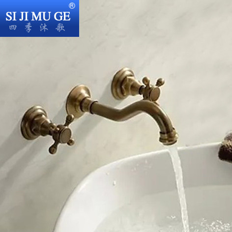 黄铜拉丝陶瓷片仿古入墙式三孔龙头双把双控冷热面盆 龙头洗手盆,家装主材,面盆龙头,淘宝优惠券,粉丝福利购,淘宝优惠卷