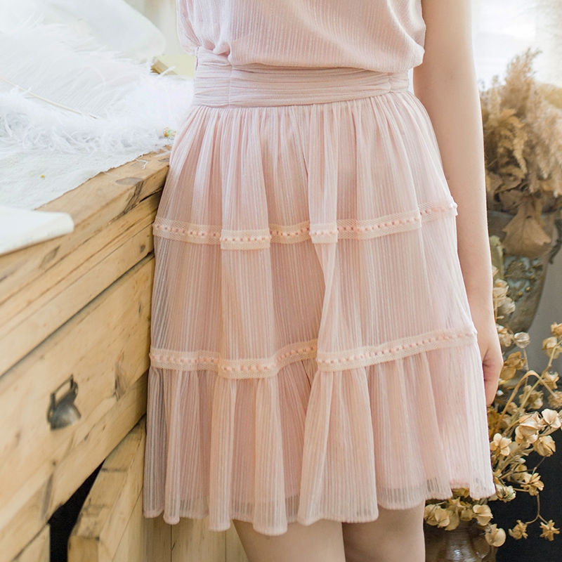 miss原创新款粉色蕾丝仙美荷叶边蓬蓬裙百搭半身裙女夏公主裙短裙