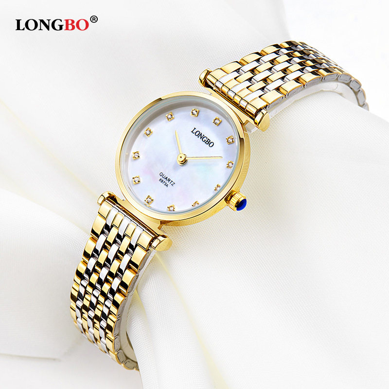 longbo龙波正品石英防水钢带简约贝母镶钻时尚学生情侣男女士手表