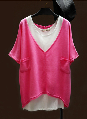 夏装新款韩版宽松纯色短袖t恤女v领设计感小众两件套胖mm潮牌上衣