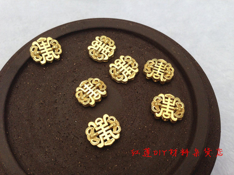 diy黄铜配件 双面双福捧寿扁珠 纯铜竖孔佛珠念珠藏饰 原铜色