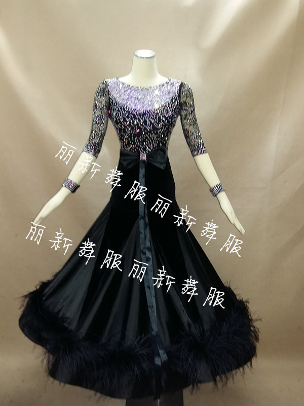 国标舞裙 交谊舞大摆比赛连衣舞裙 鸵鸟毛华尔兹舞裙新款摩登舞裙