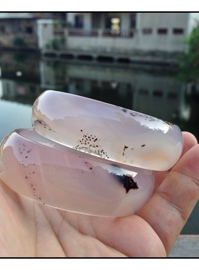 巴西纯天然灰紫色带有水草玛瑙手镯*加宽加厚*姐妹对*128