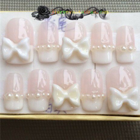 粉嫩嫩可爱结婚假指甲法式边成品手工甲片假指甲定做贴片 包邮