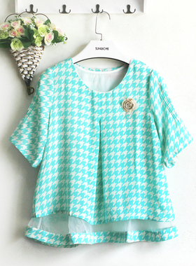 国内品牌2015夏装依Y千鸟格欧根纱两件套喇叭袖宽松A字雪纺衫上衣