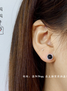手工绕线999足银纯银针6mm黑玛瑙直针黑色百搭小耳钉养耳防过敏女