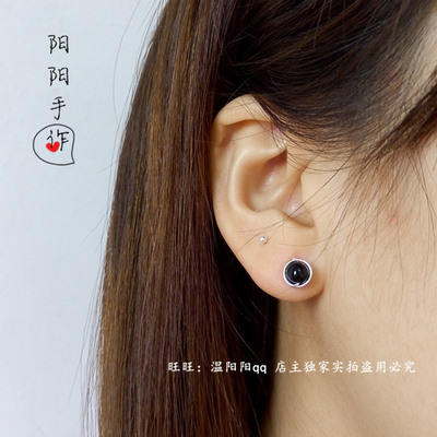 手工绕线999足银纯银针6mm黑玛瑙直针黑色百搭小耳钉养耳防过敏女