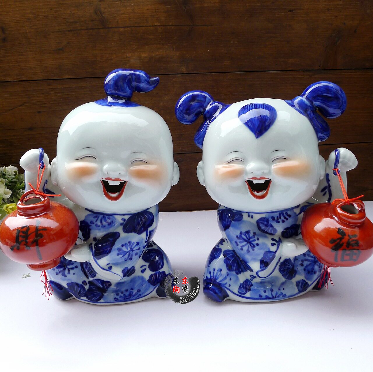景德镇陶瓷 喜庆工艺品陈设瓷 青花瓷中国娃福娃 红灯笼青花娃