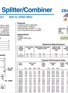 800-2000MHz 一分四功分器 代替 ZB4PD1-2000+  Mini-Circuits