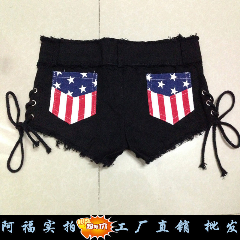 白色牛仔短裤女夏季新款带绳弹力显瘦贴布国旗超短裤性感低腰热裤