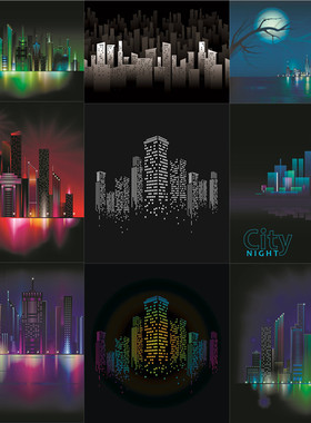 A3174矢量夜晚城市灯光建筑物风景插画 AI设计素材