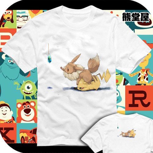 口袋妖怪神奇宝贝精灵宝可梦皮卡丘伊布情侣双面印T恤短袖衣服