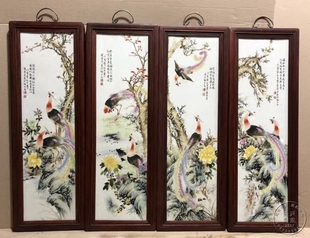 景德镇陶瓷瓷板画壁画名家手绘仿古粉彩花鸟四条屏挂画程意亭款