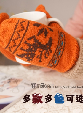 秋冬 可爱舒适麋鹿雪花  青年少年 女朋友 针织毛线连指手套 橙色