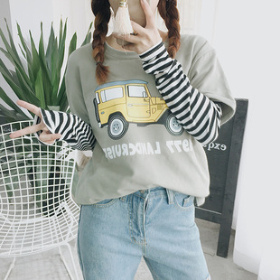 中学生打底衫 t恤女韩版 上衣ins 加厚磨毛拼接假两件条纹长袖 春秋季