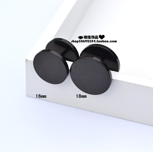 欧美流行嘻哈圆饼黑色16mm耳钉男耳垂钉钛钢简约圆形黑色耳坠耳饰