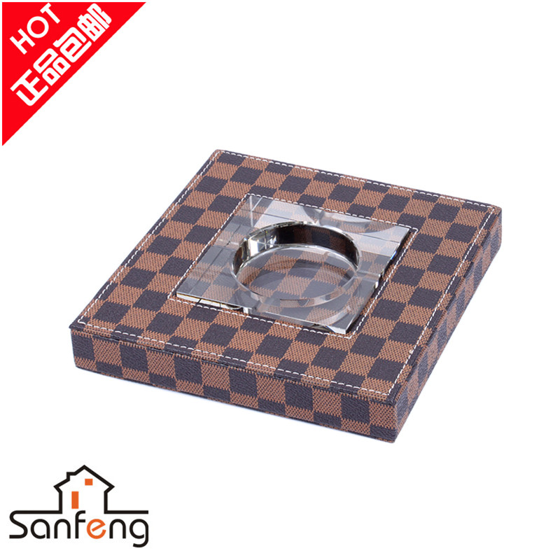 PU皮革烟缸 时尚创意家用酒店家居办公客厅方格烟灰缸个性