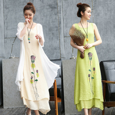 товар из китая 棉麻连衣裙女夏季2024新款文艺民族风汉服中长款背心裙亚麻两件套 Random Jane