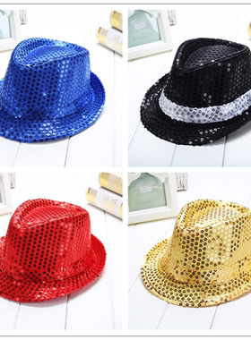 儿童爵士帽子韩版英伦亮片帽男女小礼帽幼儿表演帽演出舞蹈舞台帽