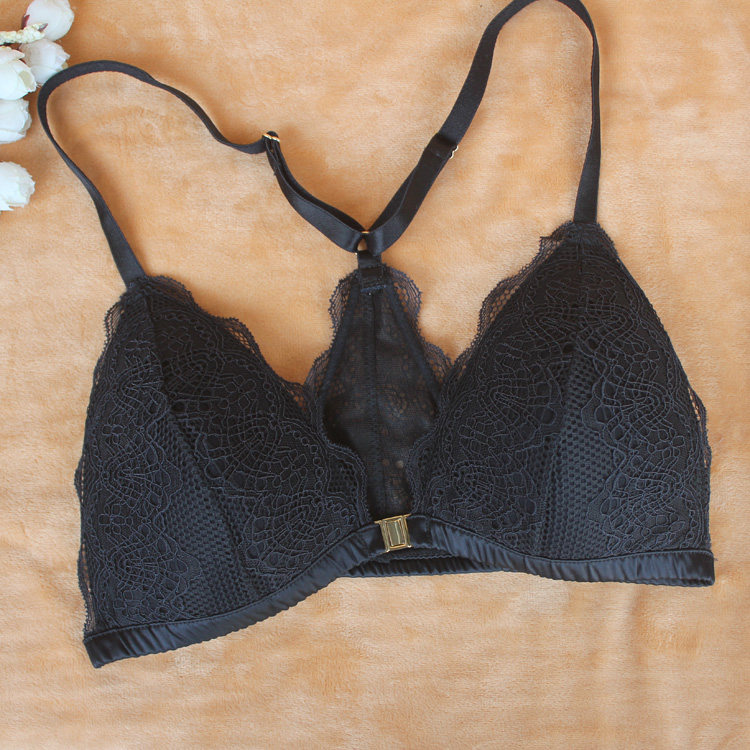 小小情调法式交叉防滑肩三角杯前扣美背文胸无钢圈薄款性感蕾丝