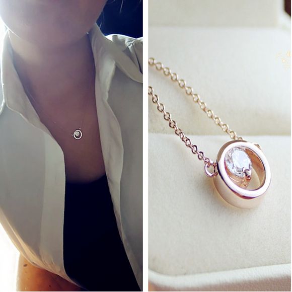 极简约ins风几何圆环亮闪仿真镶钻石吊坠子女镀18k玫瑰金色细项链