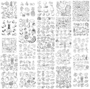 矢量设计素材 手绘水果简笔画线稿插画香蕉菠萝西瓜葡萄 EPS格式