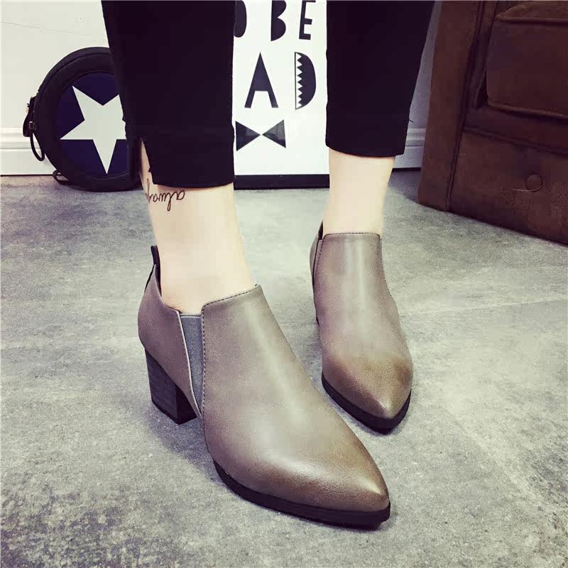 2016春英伦风女鞋深口尖头擦色粗跟中跟单鞋低帮鞋欧美复古牛津鞋