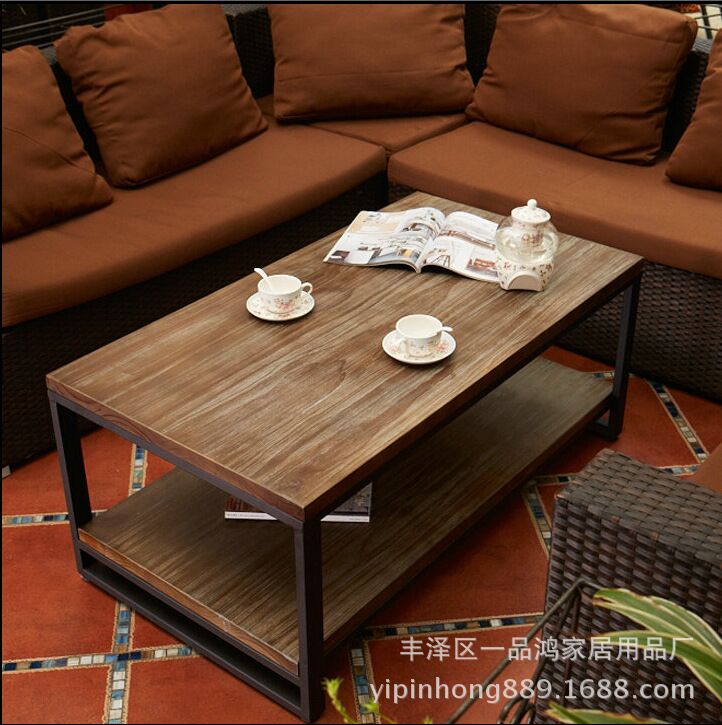 复古铁艺实木客厅双层沙发茶几