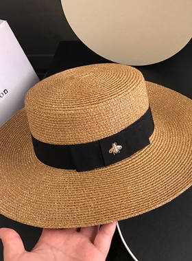 日本蝴蝶结小蜜蜂平顶帽草帽女夏天宽檐帽子出游防晒情侣帽