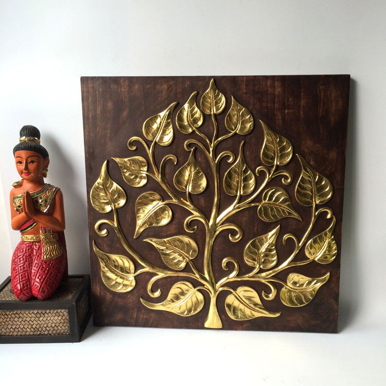 特惠泰国异域风情纯实木手工金箔菩提树叶立体木雕板家居风水挂画