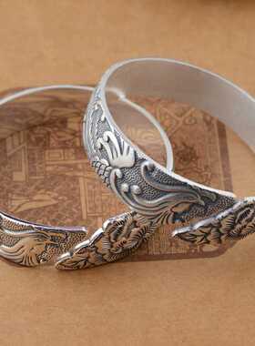 镜星辰 S925纯银仿古做旧女款开口镯 凤穿牡丹手镯 开口凤凰手镯