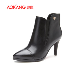 Aokang shoes autumn 2015 new pointed stiletto boots side zipper leather Western heel ankle boots