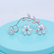 New Korea asymmetric fashion personality flower leaf earrings 925 Sterling Tremella pin earrings are hypoallergenic jewelry