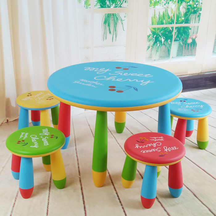 家用幼儿园玩具游戏塑料学习长方形儿童组合桌椅宝宝桌1桌子4圆凳